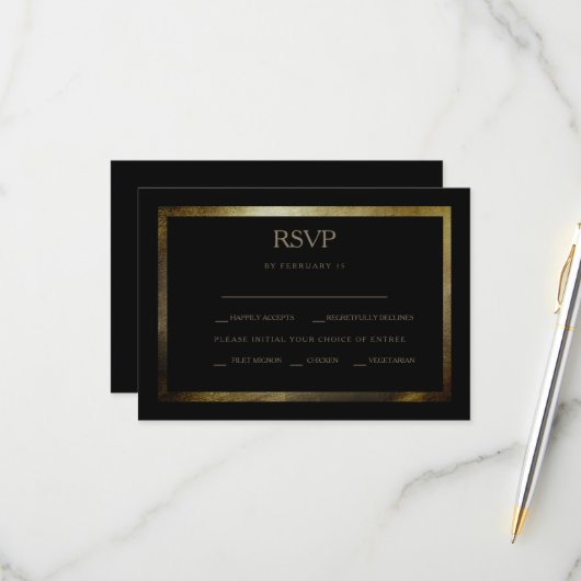 Elegante Dag Zwart & Goud Bruiloft RSVP Kaart (Voorkant / Achterkant in situ)