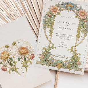 Elegante Dahlia Art Nouveau bruiloft Kaart