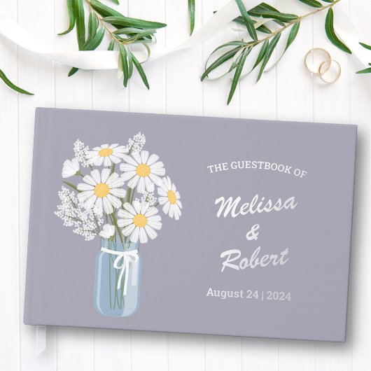 Elegante Daisies Mason Jar Bruiloft Folie Lavendel Gastenboek