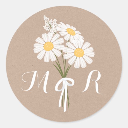Elegante Daisies Monogram Initiaal Beige Bruiloft Ronde Sticker (Voorkant)