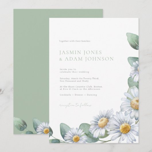 Elegante Daisy Eucalyptus Monogram Huwelijk Kaart (Voorkant / Achterkant)