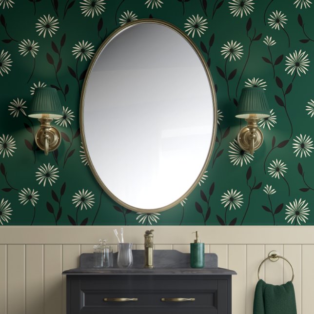 Elegante Daisy Meadow Forest Green & Ivoor - Moder Behang (Elegant Daisy Meadow - Forest Green and Ivory - Modern Peel and Stick Wallpaper)