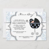 Elegante Damask Blue Black Baby Boy Shower Kaart (Voorkant)