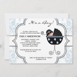 Elegante Damask Blue Black Baby Boy Shower Kaart