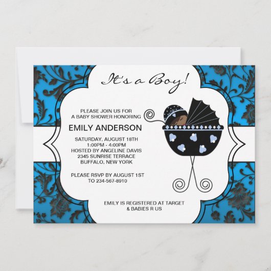 Elegante Damask Blue Black Baby Boy Shower Kaart (Voorkant)