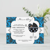 Elegante Damask Blue Black Baby Boy Shower Kaart (Staand voorkant)