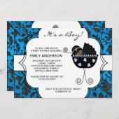 Elegante Damask Blue Black Baby Boy Shower Kaart (Voorkant / Achterkant)