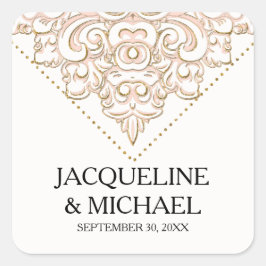 Elegante  Damask Blush Roze Gouden Kant Bruids Vierkante Sticker