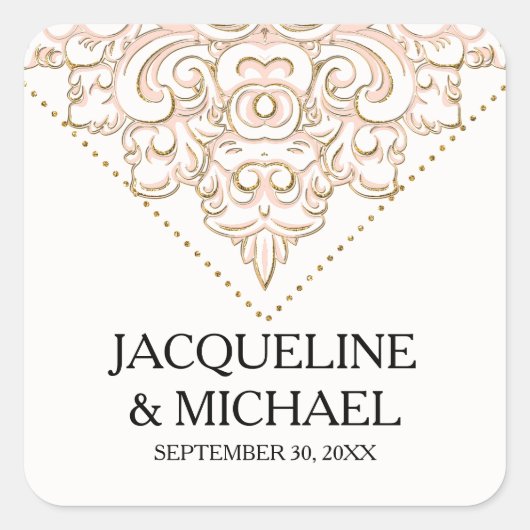 Elegante Damask Blush Roze Gouden Kant Bruids Vierkante Sticker (Voorkant)
