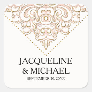Elegante  Damask Blush Roze Gouden Kant Bruids Vierkante Sticker