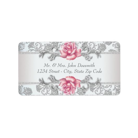 Elegante Damask en Roze Rose Adresetiketten Etiket (Voorkant)