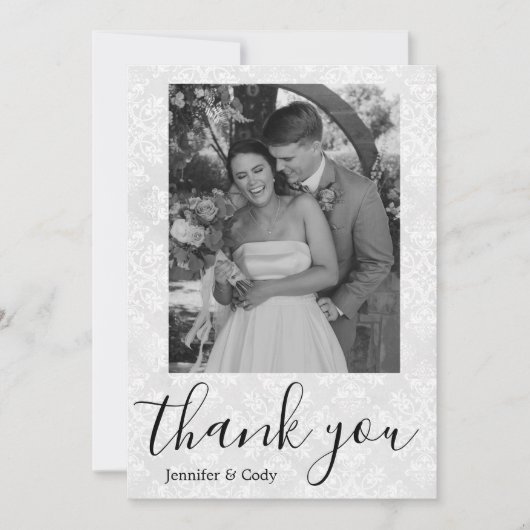 Elegante Damask Foto Zwart & Wit Dank u kaart (Voorkant)