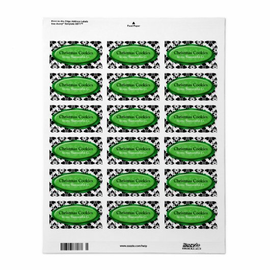 Elegante Damask Green Christmas Cookies Labels (Full Sheet)
