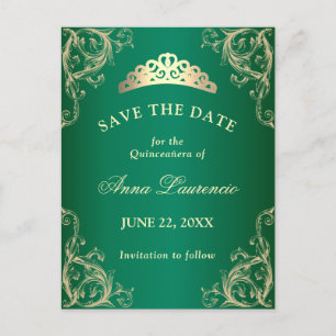 Elegante Damask Groene Quinceanera Save The Date Briefkaart