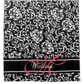 Elegante Damask Naam en Monogram Zwart, Roze Wit Douchegordijn (Voorkant)
