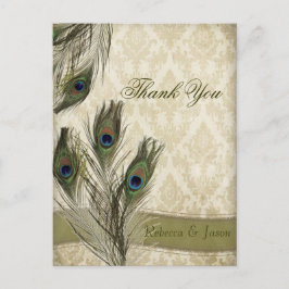 Elegante Damask Peacock bruiloft dank u Briefkaart