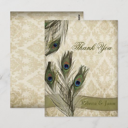 Elegante  Damask Peacock bruiloft dank u Briefkaart (Voorkant / Achterkant)