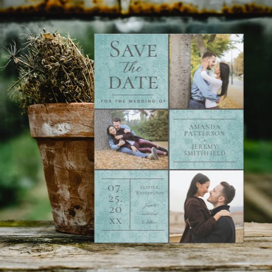 Elegante Damask Three Fotocollage | Blauwgroen Save The Date