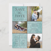 Elegante Damask Three Fotocollage | Blauwgroen Save The Date (Voorkant)