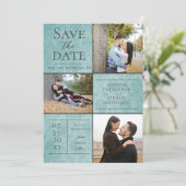Elegante Damask Three Fotocollage | Blauwgroen Save The Date (Staand voorkant)