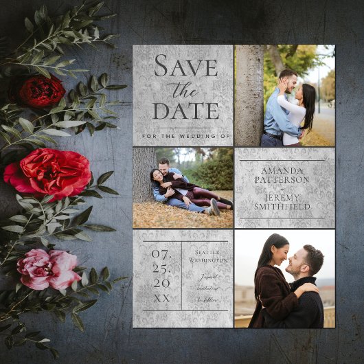Elegante Damask Three Fotocollage | Gray Save The Date