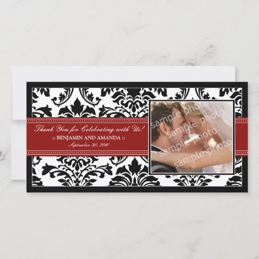 Elegante Damask Wedding Dank u Photocard: rood Bedankkaart (Voorkant)