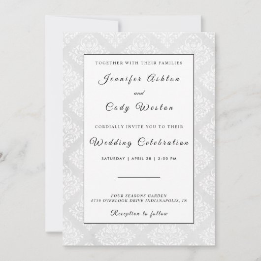 Elegante Damask Witte Bruiloft Uitnodiging Kaart (Voorkant)
