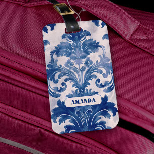 Elegante damast Blauwe toile de jouy monogram Bagagelabel