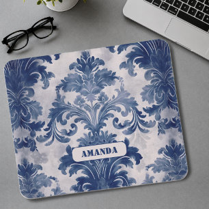 Elegante damast Blauwe toile de jouy monogram Muismat