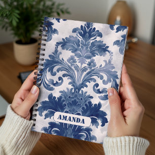 Elegante damast Blauwe toile de jouy monogram Notitieboek