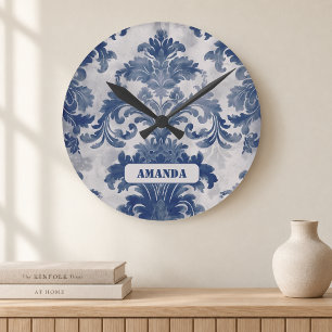 Elegante damast Blauwe toile de jouy monogram Ronde Klok