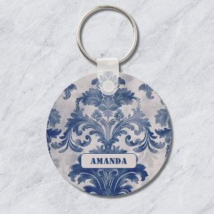 Elegante damast Blauwe toile de jouy monogram Sleutelhanger