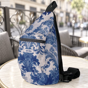 Elegante damast Blauwe toile de jouy monogram Sling Bag