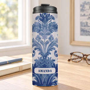 Elegante damast Blauwe toile de jouy monogram Thermosbeker
