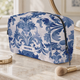 Elegante damast Blauwe toile de jouy monogram Toilettasje