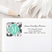 Elegante Damast Charcoal & Aqua Custom Monogrammed Etiket (Insitu)