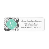 Elegante Damast Charcoal & Aqua Custom Monogrammed Etiket (Voorkant)