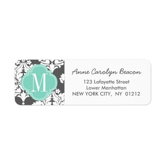 Elegante Damast Charcoal & Aqua Custom Monogrammed Etiket (Voorkant)