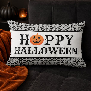 Elegante Damast Happy Halloween Oranje Pompoen Kussen