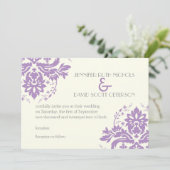 Elegante damast lavendel, grijs, ivoor bruiloft kaart (Staand voorkant)