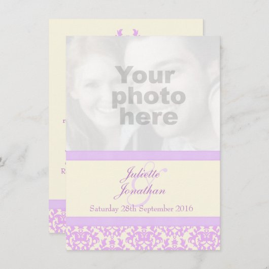 Elegante damast lila & crème bruiloft uitnodiging (Voorkant / Achterkant)