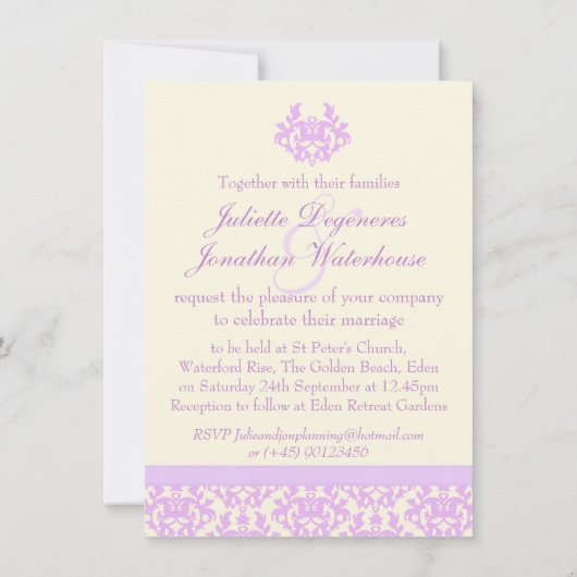 Elegante damast lila & crème bruiloft uitnodiging (Achterkant)