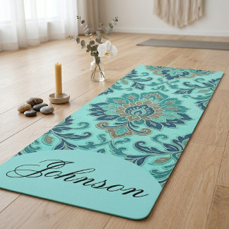 Elegante Damast Mandala Zen Heilige Geometrie Teal Yogamat