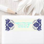 Elegante damast marineblauw, aqua, ivoren bruiloft etiket (Insitu)