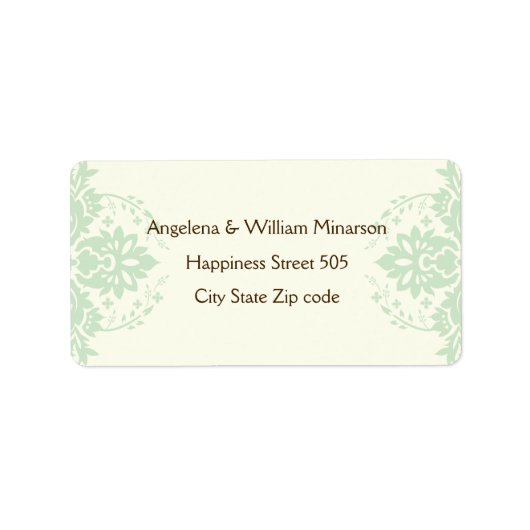 Elegante damast mint groen, bruin, ivoor bruiloft etiket (Voorkant)