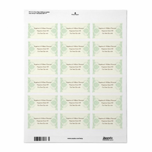 Elegante damast mint groen, bruin, ivoor bruiloft etiket (Full Sheet)