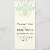 Elegante damast mint groen, ivoor bruiloft menukaa menu (Voorkant)