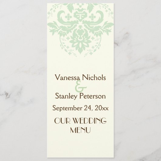 Elegante damast mint groen, ivoor bruiloft menukaa menu (Voorkant)