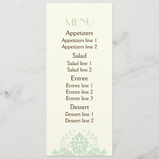 Elegante damast mint groen, ivoor bruiloft menukaa menu (Achterkant)