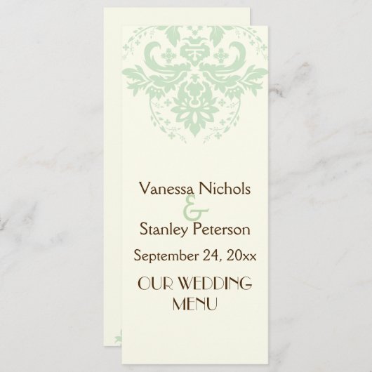Elegante damast mint groen, ivoor bruiloft menukaa menu (Voorkant / Achterkant)